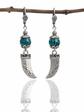 Turquoise Horn Boho Earrings, Silver Crescent Dangles